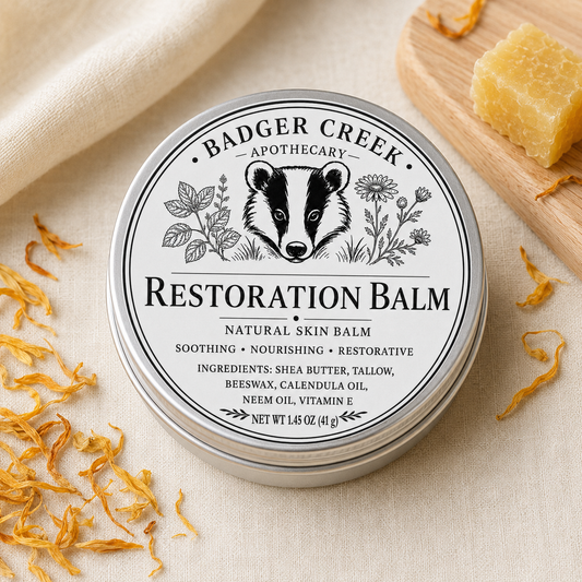 A round metal tin of Badger Creek Apothecary Restoration Balm sits on a beige fabric surface with dried orange botanicals scattered around and a small wooden block holding beeswax in the background. The lid label shows a black-and-white badger illustration and product text.