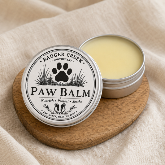 An open round metal tin of Badger Creek Apothecary Paw Balm sits beside a closed tin on a small wooden coaster, set against draped beige fabric.