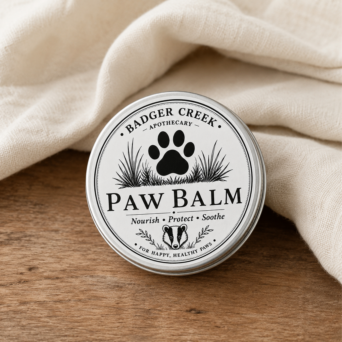 A round metal tin of Badger Creek Apothecary Paw Balm sits on a wooden surface with draped cream fabric behind it. The lid is white with black text and a black paw print graphic.