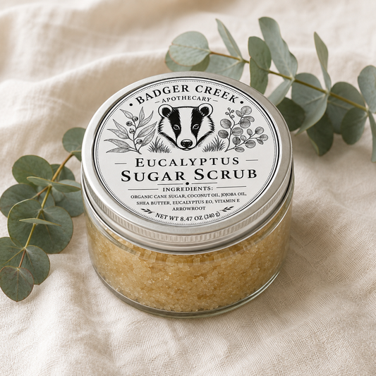 A glass jar of Badger Creek Apothecary Eucalyptus Sugar Scrub sits on a beige linen fabric surrounded by green eucalyptus leaves. The jar has a silver metal lid with a detailed black and white label featuring a badger illustration.