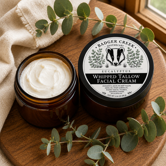 An open amber jar of Badger Creek Apothecary Whipped Tallow Facial Cream sits beside its black lid on a wooden tray, styled with eucalyptus leaves and a beige cloth.