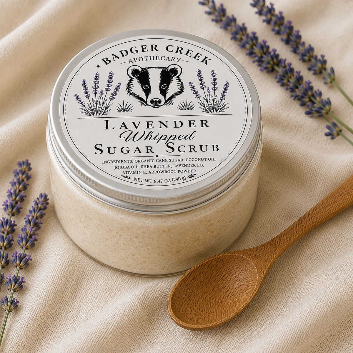 A jar of Badger Creek Apothecary Lavender Whipped Sugar Scrub sits on a beige fabric surface with lavender sprigs and a wooden spoon. The product is in a clear jar showing a light cream-colored scrub inside, with a white lid featuring black text and a badger illustration.