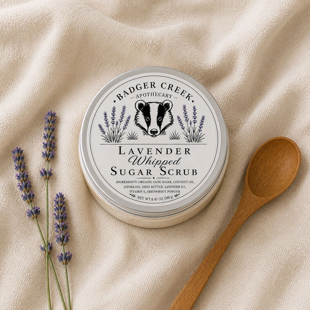 A round container of Badger Creek Apothecary Lavender Whipped Sugar Scrub sits on a beige fabric surface with lavender sprigs and a wooden spoon nearby.