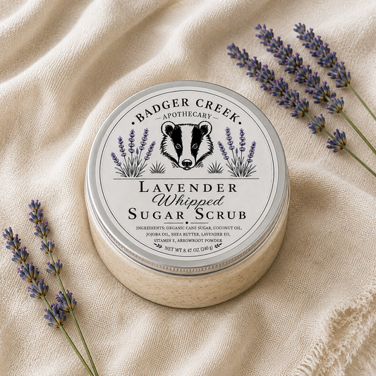 A round jar of Badger Creek Apothecary Lavender Whipped Sugar Scrub sits on a beige linen fabric, surrounded by sprigs of lavender.