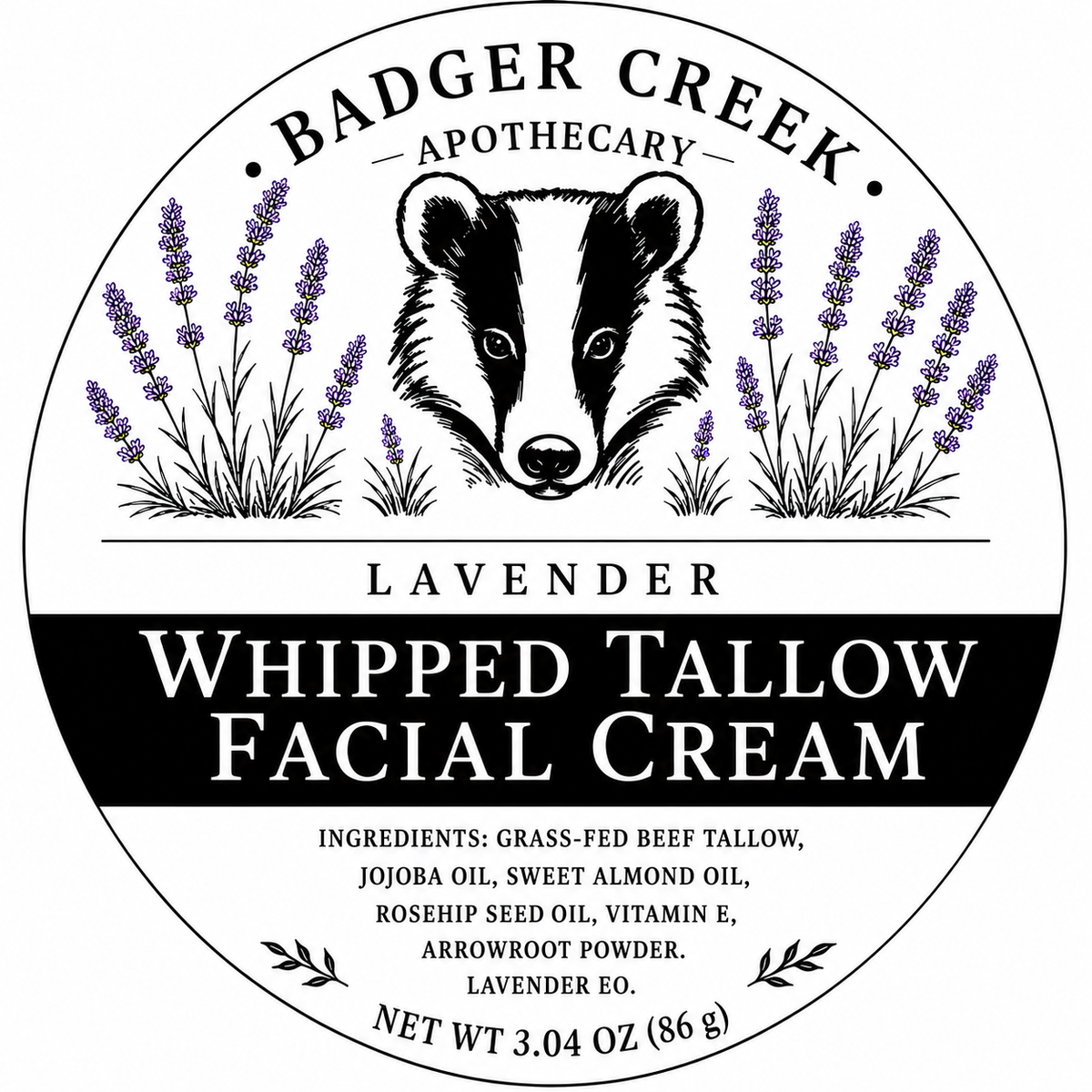 Round product label for Badger Creek Apothecary Lavender Whipped Tallow Facial Cream, featuring a black-and-white badger illustration, lavender flowers, and product text on a white background.