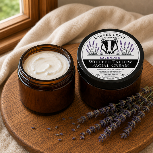 An open amber jar of Badger Creek Apothecary Whipped Tallow Facial Cream sits beside its labeled lid on a round wooden tray, with lavender sprigs and a beige fabric backdrop near a window.