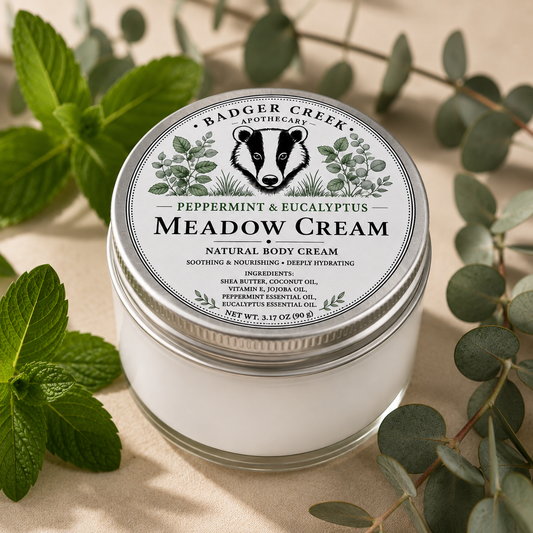 A jar of Badger Creek Apothecary Peppermint & Eucalyptus Meadow Cream sits on a beige surface surrounded by green mint leaves and eucalyptus branches. The jar has a white lid with a detailed illustration of a badger and black text.
