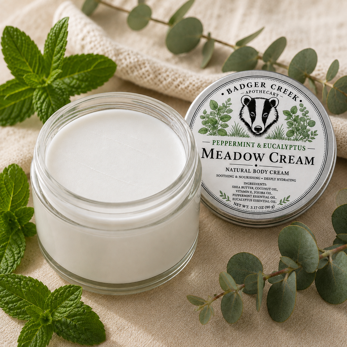 An open glass jar of Badger Creek Apothecary Peppermint & Eucalyptus Meadow Cream sits beside its labeled lid on a beige fabric surface, styled with mint leaves and eucalyptus branches.