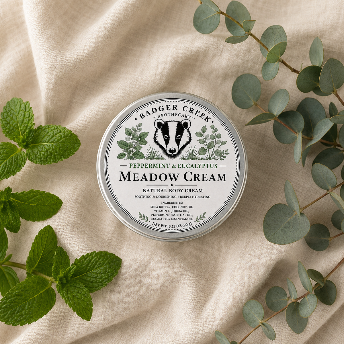 A round jar of Badger Creek Apothecary Meadow Cream sits on a beige fabric surface, surrounded by mint leaves and eucalyptus branches. The round tin has a white label with a black badger illustration and green botanical text.
