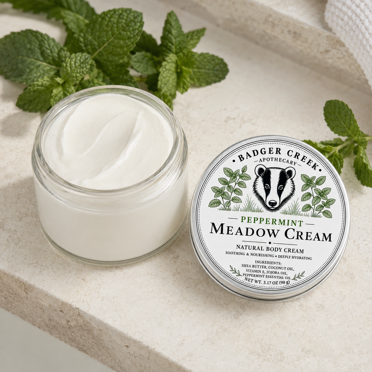 A jar of Badger Creek Apothecary Peppermint Meadow Cream sits on a light stone surface beside its branded lid, with mint leaves around it.