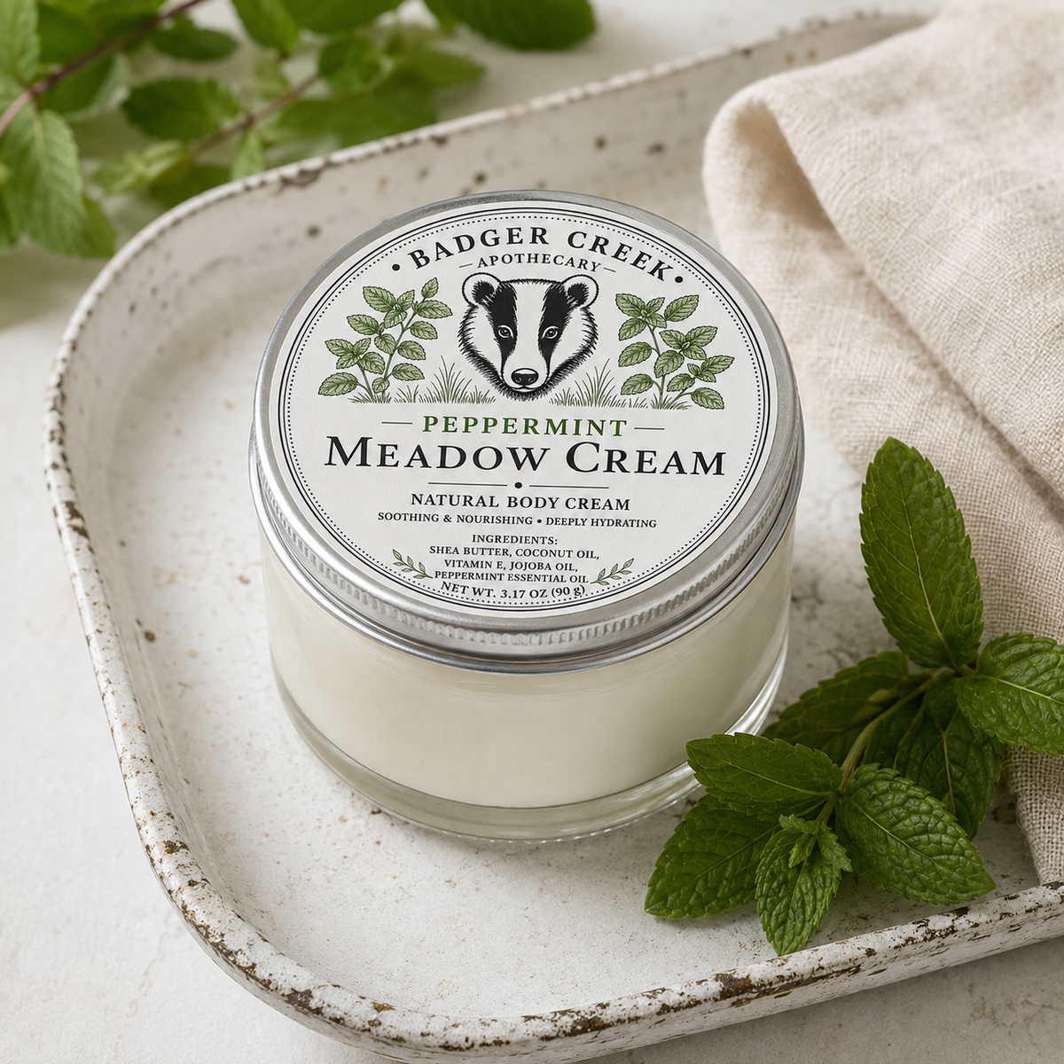 A jar of Badger Creek Apothecary Peppermint Meadow Cream natural body cream sits on a rustic white ceramic tray, styled with fresh mint leaves and a beige linen cloth.