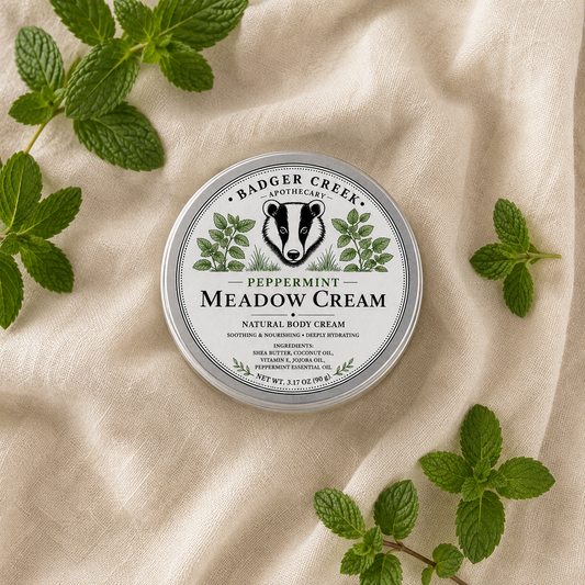 A round container of Badger Creek Apothecary Peppermint Meadow Cream is centered on a beige fabric background with fresh mint leaves arranged around it. The tin label features a badger illustration and green botanical text.