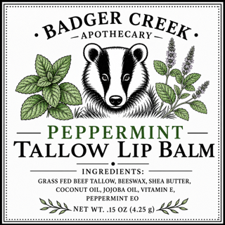 A square product label for Badger Creek Apothecary Peppermint Tallow Lip Balm, featuring a black-and-white badger illustration with green botanical illustrations on a white background.