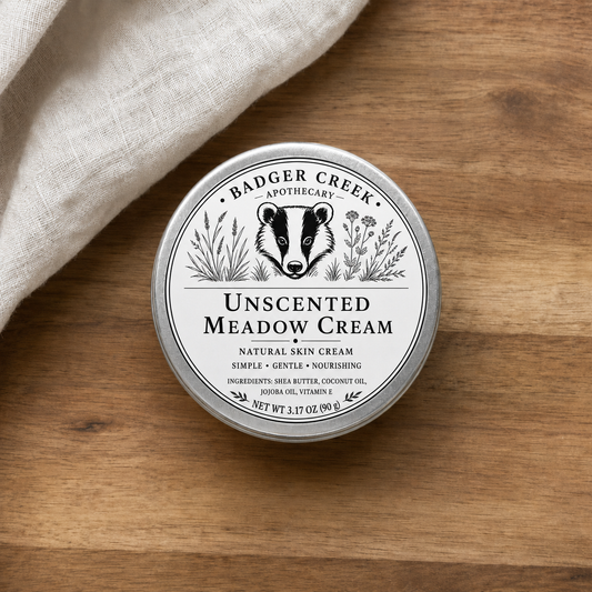 A round container of Badger Creek Apothecary Unscented Meadow Cream sits on a wooden surface next to a folded cream linen cloth. The tin features a white label with a black printed badger illustration and text.