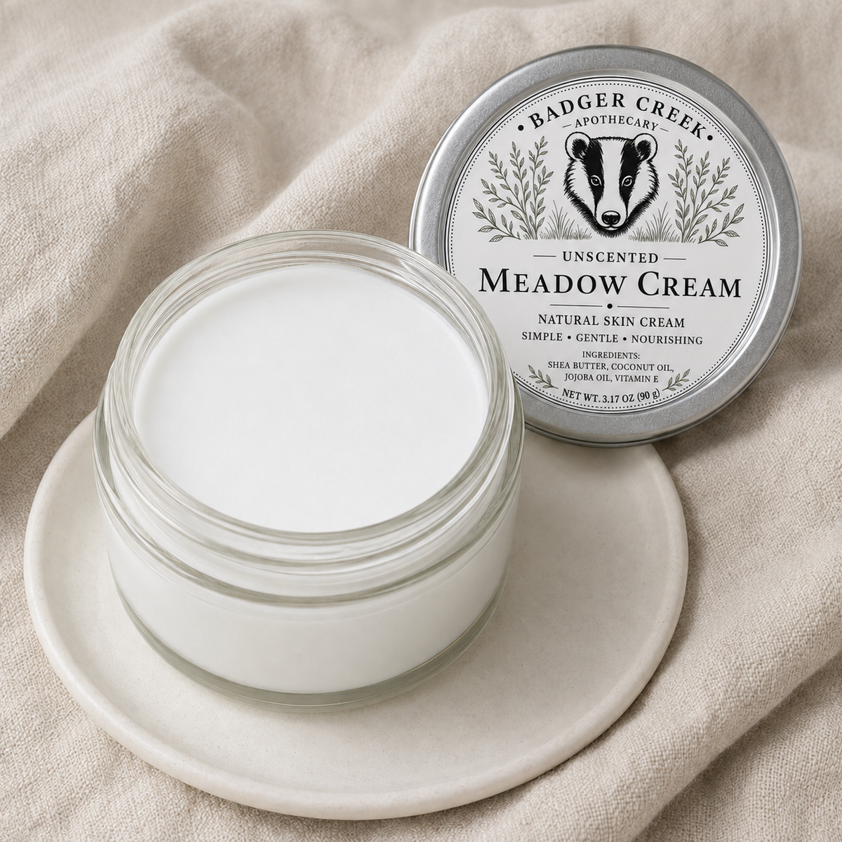 An open glass jar of Badger Creek Apothecary Unscented Meadow Cream sits on a matching ceramic dish, with the silver metal lid placed beside it on draped beige fabric.