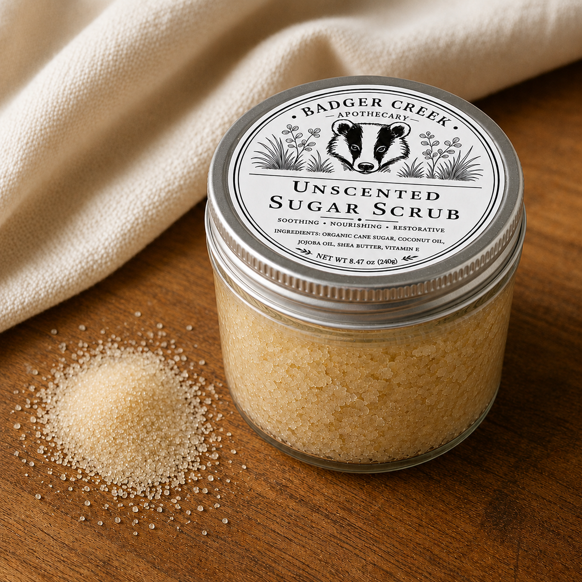 A glass jar of Badger Creek Apothecary Unscented Sugar Scrub sits on a wooden surface with a small pile of the scrub spilled in front. A folded cream fabric is draped in the background.