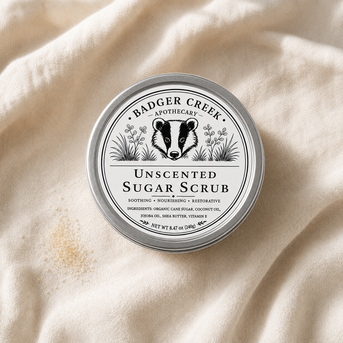 A round silver lid of Badger Creek Apothecary Unscented Sugar Scrub sits on draped cream fabric. The lid features a black printed label with a badger illustration and product details.