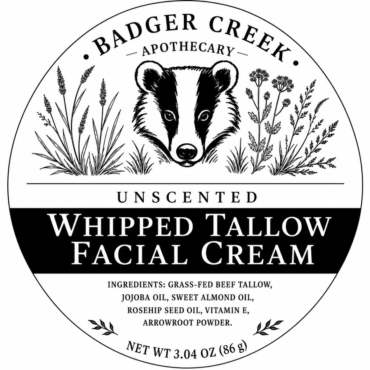 Round product label for Badger Creek Apothecary Unscented Whipped Tallow Facial Cream, featuring a black-and-white badger illustration, botanical line drawings, and product text on a white background.