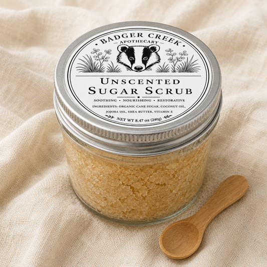 A glass jar of Badger Creek Apothecary Unscented Sugar Scrub with a silver lid, set on a beige linen cloth next to a small wooden spoon.