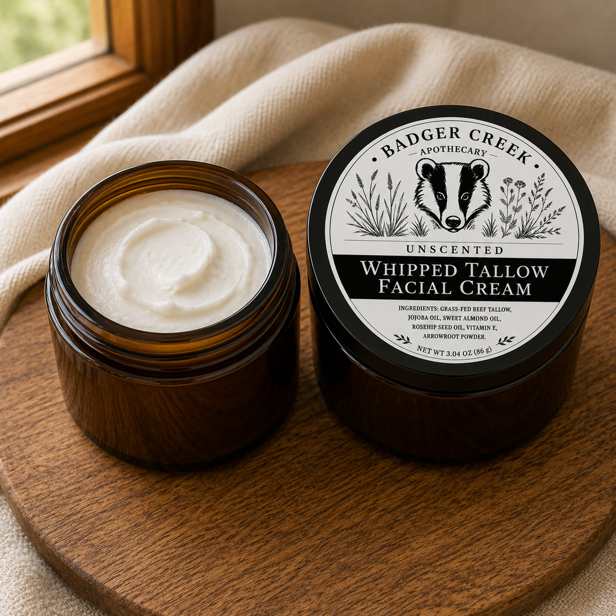 An open amber cosmetic jar filled with whipped cream sits beside its labeled lid on a round wooden board, with a beige cloth and window light in the background. The label reads Badger Creek Apothecary Unscented Whipped Tallow Facial Cream.