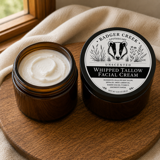 An open amber cosmetic jar filled with whipped cream sits beside its labeled lid on a round wooden board, with a beige cloth and window light in the background. The label reads Badger Creek Apothecary Unscented Whipped Tallow Facial Cream.