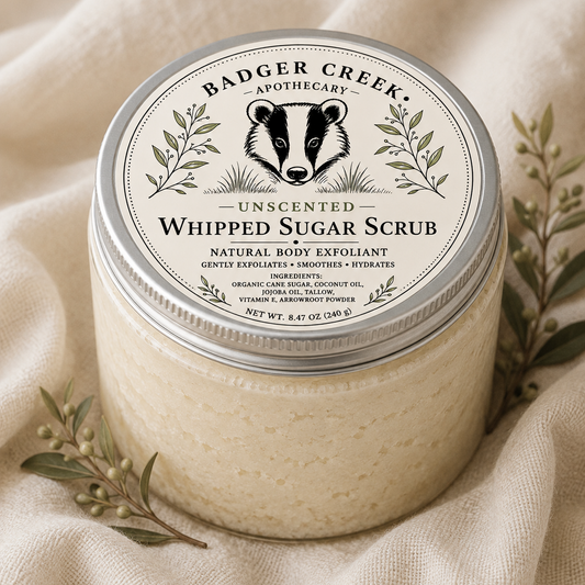 A jar of Badger Creek Apothecary Unscented Whipped Sugar Scrub, filled with a creamy beige scrub and topped with a silver lid and cream label featuring a badger illustration. The jar is styled on a textured beige linen fabric with small green botanical sprigs.
