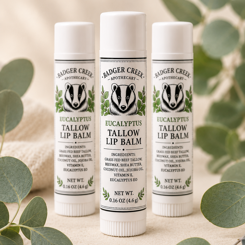 Three Badger Creek Apothecary Eucalyptus Tallow Lip Balm tubes arranged upright on a light beige surface with eucalyptus leaves around them. The center tube is fully visible and the two side tubes are partially cropped.