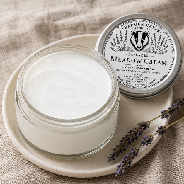 An open glass jar of lavender Meadow Cream by Badger Creek sits on a small cream dish, with the silver-labeled lid placed beside it and a sprig of lavender on a beige fabric surface.