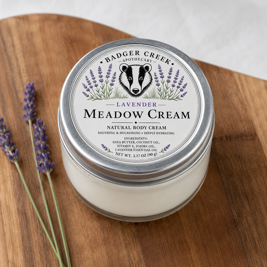 A jar of Badger Creek Apothecary Lavender Cream sits on a wooden surface next to sprigs of lavender. The product is in a clear glass jar with white cream inside and a silver lid featuring a badger and lavender illustration.