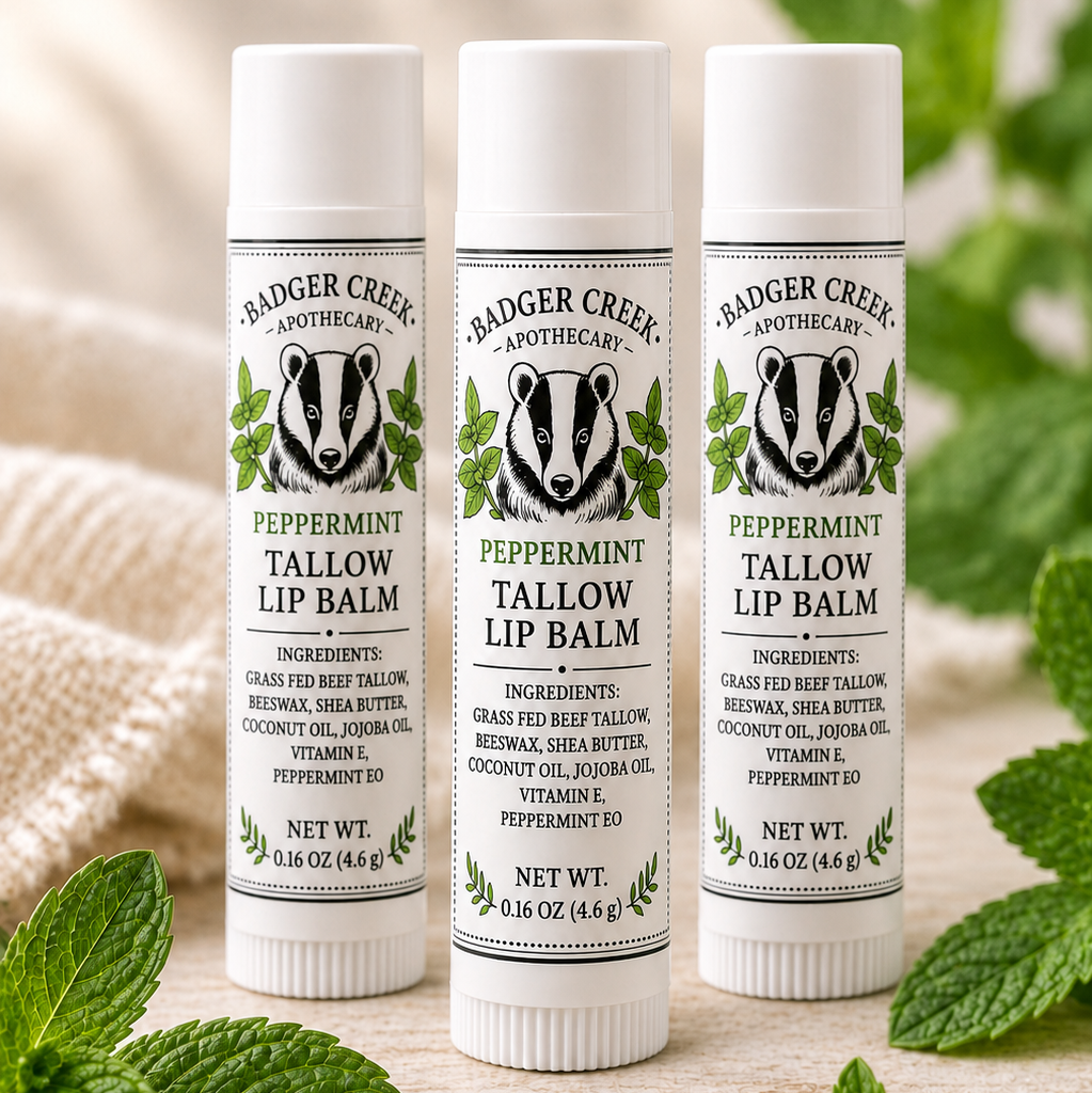 Three tubes of Badger Creek Apothecary Peppermint Tallow Lip Balm arranged on a light wood surface with mint leaves and a soft neutral fabric background.