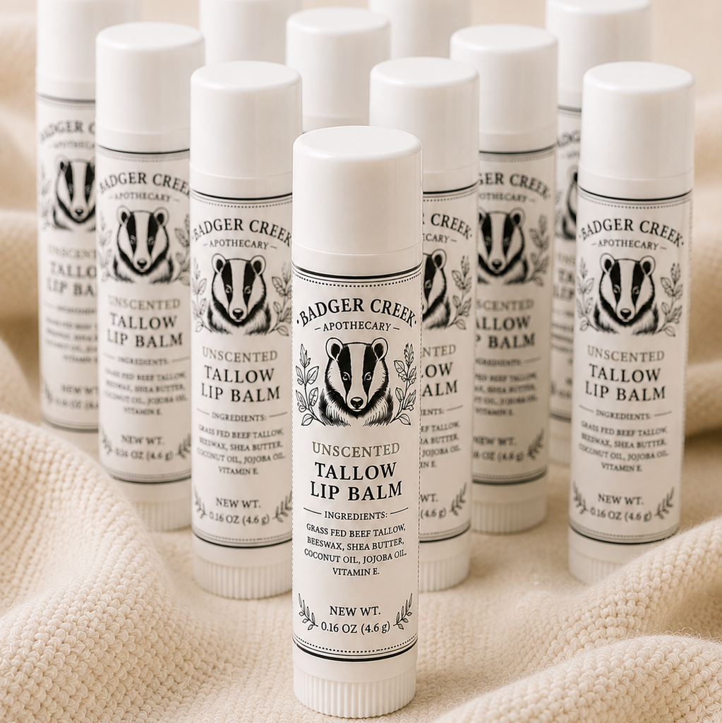 A group of lip balm tubes arranged on a soft cream knit fabric. The front tube is in sharp focus, showing the label 'BADGER CREEK APOTHECARY' and 'UNSCENTED TALLOW LIP BALM,' while other tubes are softly blurred in the background.