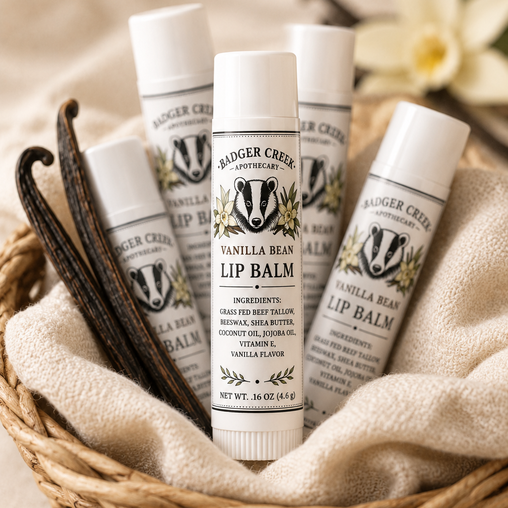 vanilla bean lip balms in basket vanilla bean pods